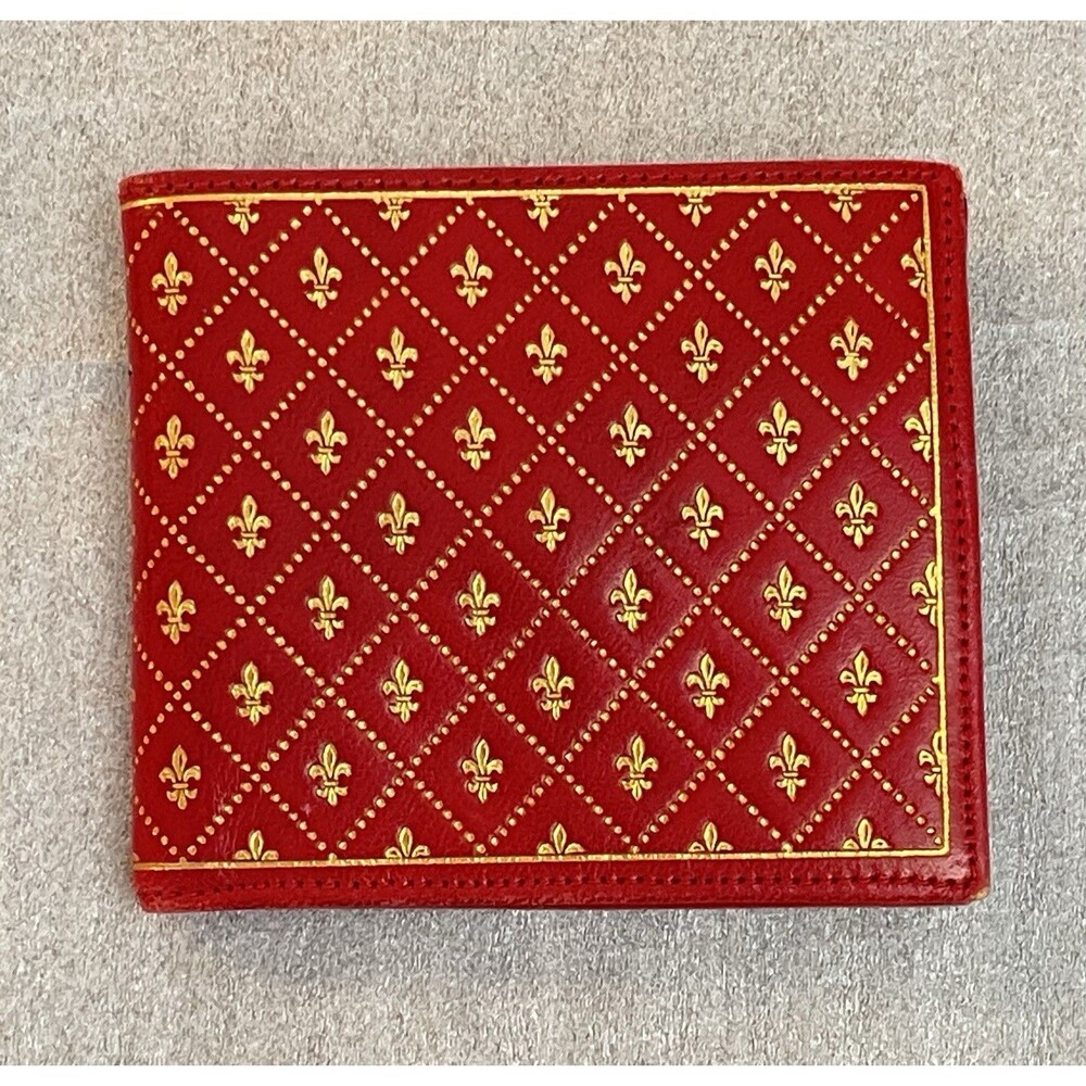 VTG Misuri Florence Italy Leather Bifold Wallet Scarlet Red Gold Fleur de Lis - Picture 2 of 14